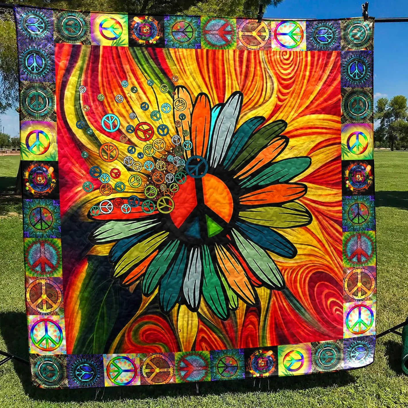 HippiePeaceFlowerQuiltBlanketHN240603M