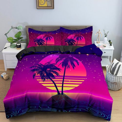 Hippie 4pcs Premium Bedding Set - Vaporwave Sunset in Tropical Beach Bedding, Cool Hippie Pink Purple Duvet Cover Set, Trippy Psychedelic Bed Cover 90s Nostalgia Unisex