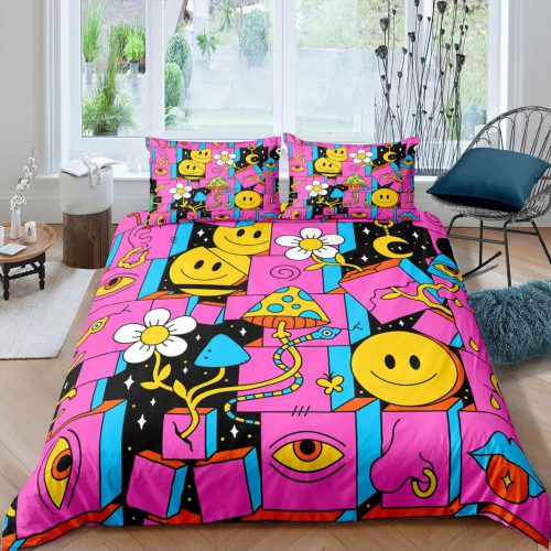 Hippie 4pcs Premium Bedding Set -Hot pink psychedelic 90s nostalgia hippie bedding retro duvet cover set