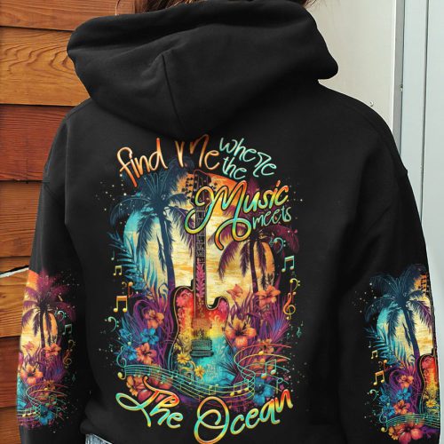 HIPPIE FIND ME WHERE THE MUSIC MEETS THE OCEAN GUITAR Premium Microfleece Hoodie